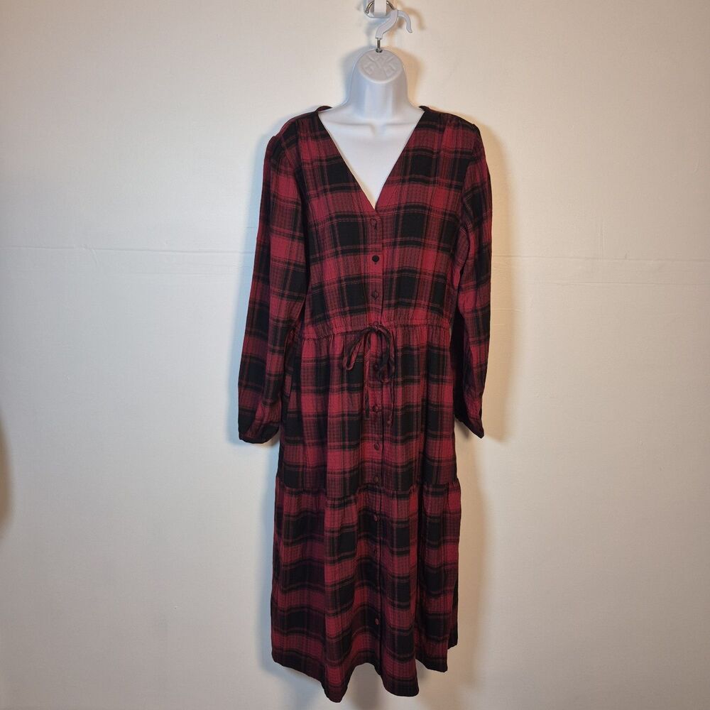 Knox Rose Women's Plaid Midi Dress Size L Tiered Button Front Red/Black Prairie